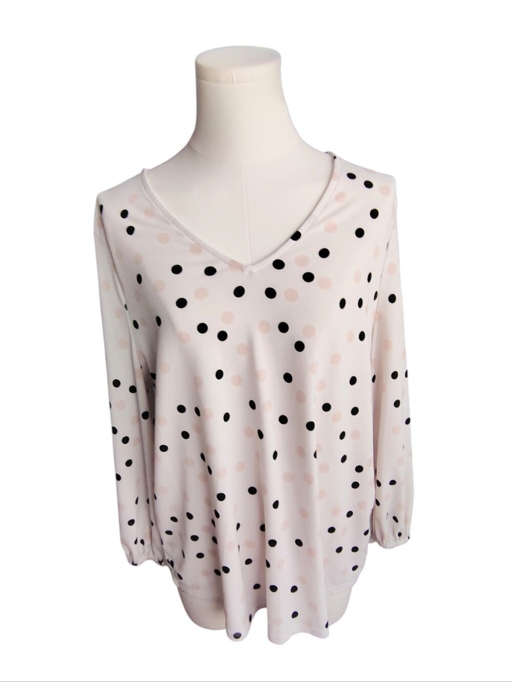 Adrianna Papell White Long Sleeve Blouse With Pink & Black Polka Dots Size Large